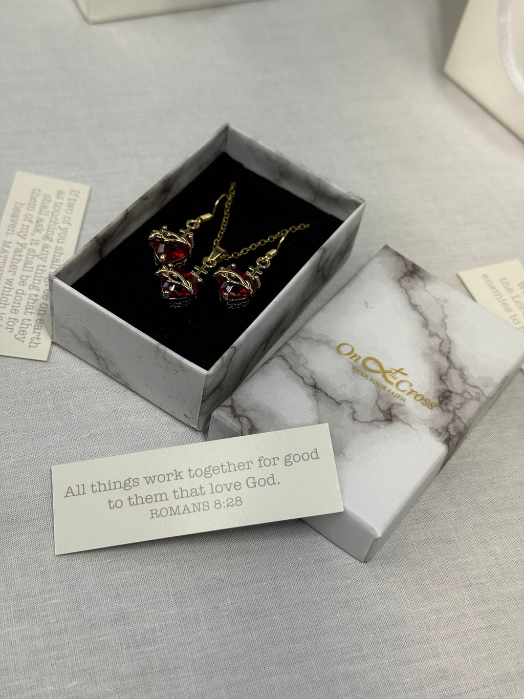 Woman's Red Cubic Heart Necklace & Earrings.