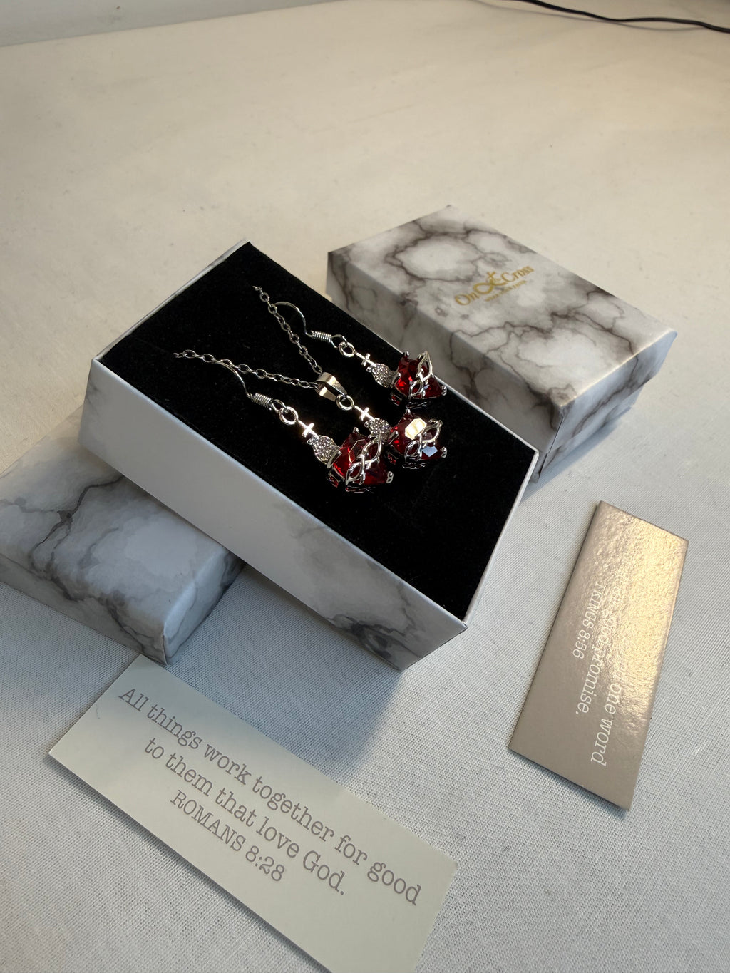 Woman's Red Cubic Heart Necklace & Earrings.